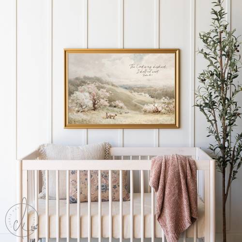 The Lord Is My Shepherd | Nursery Landscape Painting | Wood Framed Canvas | Bible Verse Wall Decor | Vintage Sheep Artwork | N119