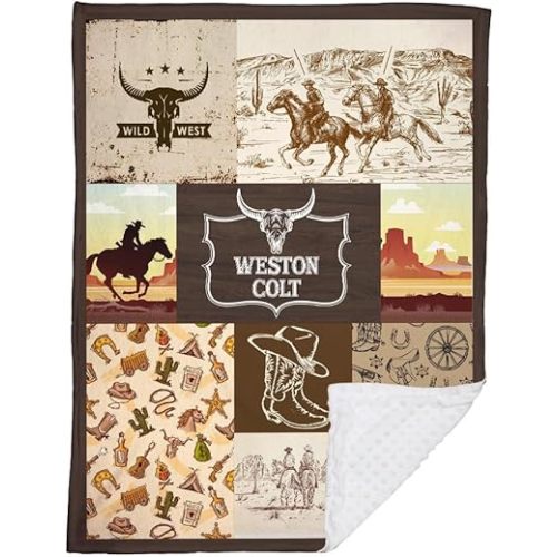 Western Baby Stuff, Personalized Name Minky Baby Blankets for Boys, Soft Plush Receiving Minky Blanket Double Layer with Dotted Backing for Infant Toddler Crib, Western Nursery Decorations (M08)
