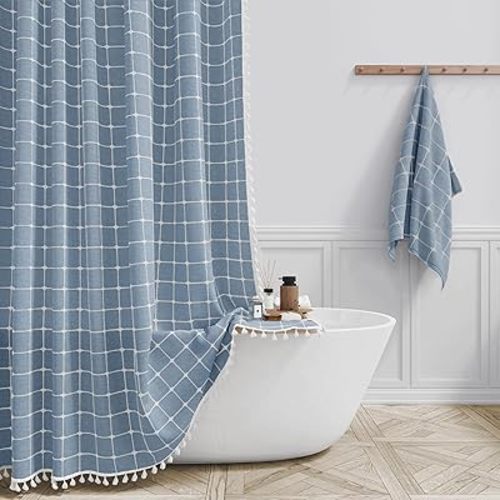 Blue Boho Farmhouse Linen Heavy Duty Fabric Shower Curtain Set, 72x72