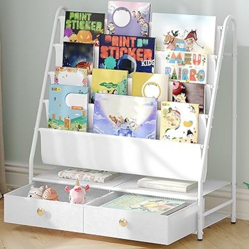 Kids Bookshelf, 4-Tier Toddler Bookshelf with 2 Fabric Drawers, Metal Kids Bookshelf and Toy Storage, Small Nursery Book Shelf for Kids Room, Living Room, Study Room, White BKBW7401