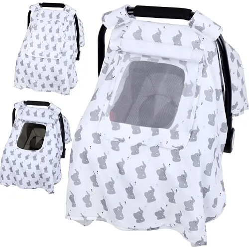 Baby Car Seat Cover, Infant Carseat Canopy with 3 Layers Windows, Breathable Mesh Peep Window, Kick-Proof Carrier Cover for Boys Girls, Windproof Stroller Cover Shower Gift for Newborn (Elephant)