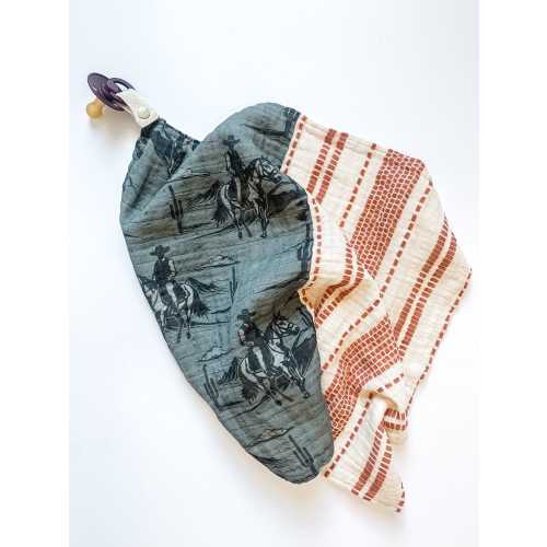 Muslin lovey Cowboy Toile - security blanket - sun teether paci keeper - horses ranch - blue gray western southwest - boy baby shower gift