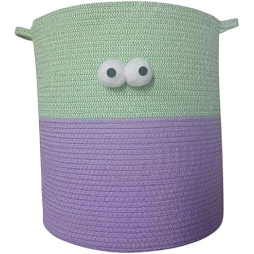Bellar Large Cotton Rope Basket for Living Room,Green Kids Laundry Basket,Dog Toy Baskets with Handle For Organizers Storage Cushions,Thread Laundry Hamper-Gradiet&Green
