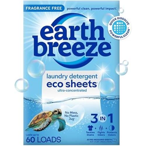 Earth Breeze Laundry Detergent Sheets Fragrance Free – Clean Ingredients, No Harsh Chemicals, Hypoallergenic, Gentle on Sensitive Skin, Travel-Friendly, Lightweight Soap Sheets (60 Loads, 30 Ct)