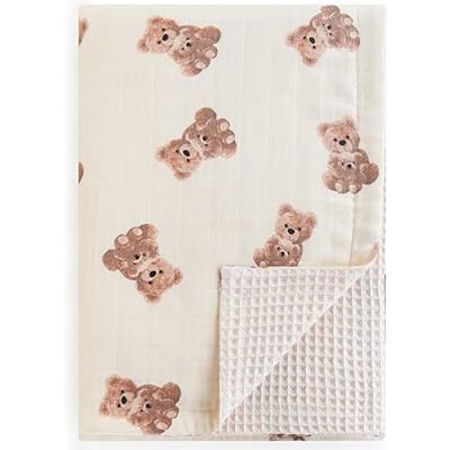 LifeTree Baby Waffle Blankets, Muslin Swaddle Blankets for Boys Girls, Double-Sided Neutral Receiving Blanket with Muslin Front and Waffle Backing Infant Newborn, Bear Pattern