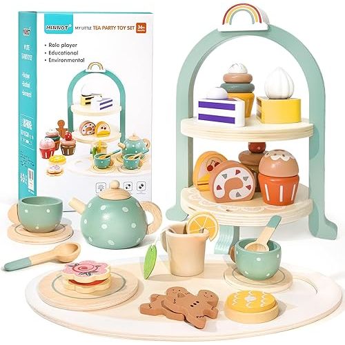 MINNOT Tea Party Set for Little Girls with Cupcake Stand, Wooden Tea Set Toys for Girls Age 3 4 5 6 7 Year Old, Toddler Kids Kitchen Pretend Play Toys for Girls