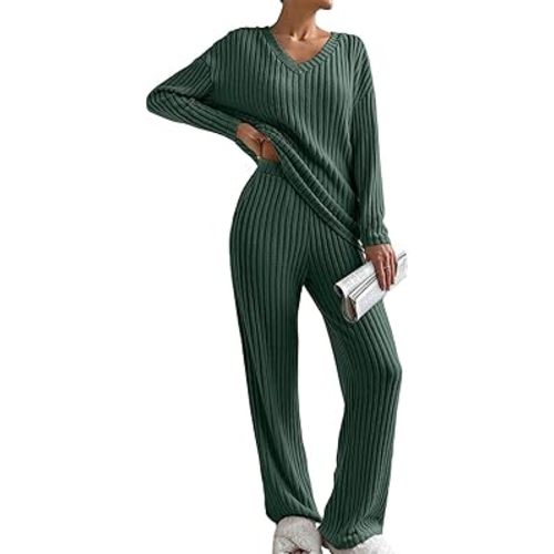 SHEWIN Women's Pajama Sets Long Sleeve 2 Piece Lounge Sets Ribbed Knit Sweater Sleepwear