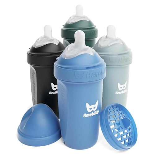 Herobility Double Anti-Colic Baby Bottles – 8.5 fl oz/240ml – 4-Pack – Multicolor – Denim, Black, Dusky Green, Gray