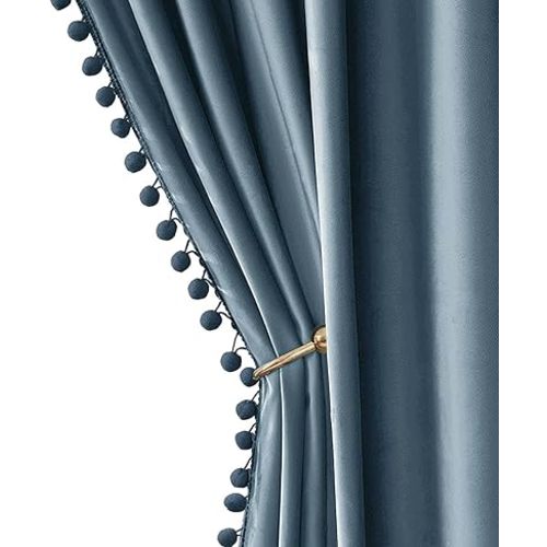 MIULEE Blue Pom Pom Velvet Curtains for Kids Bedroom/Living Room Darkening Thermal Insulating 96 Inches Long Blackout Curtains with Rod Pocket for Boy Room/Nursery/Home Theater Set of 2 Slate Blue