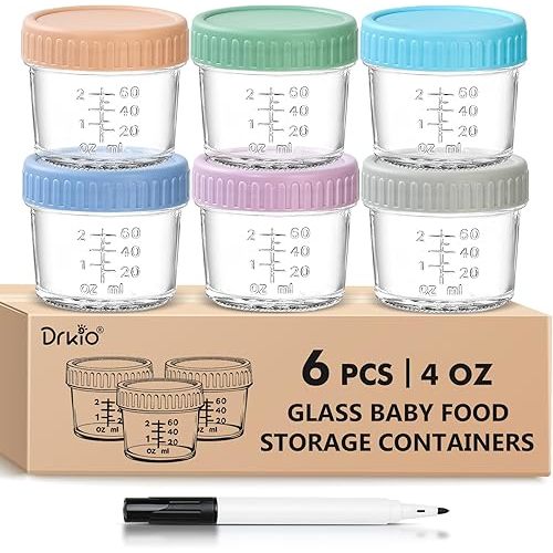 6 Pack Glass Baby Food Storage Containers - 4 Oz Baby Food Jars with Lids Baby Food Maker Microwave Dishwasher Freezer Safe 100% Leak Proof BPA Free Reusable