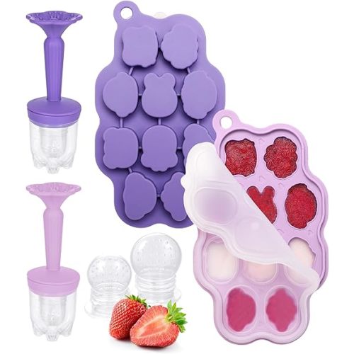 KingKam Baby Breastmilk Popsicle Molds & Baby Fruit Feeder Combo (2 Pack), Breastmilk Popsicle Molds for Teething Relief, BPA Free Silicone Feeder Teether Pops for Babies Infant Self Feeding, 4m+