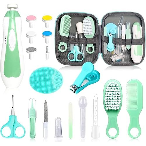 Baby Grooming Kit - 19 in 1 Nursery Essentials Baby Registry Shower Gift for Newborns, Infants, Toddlers, Boys, Girls Kids-Safety Baby Comb, Brush, Finger Toothbrush, Nail Clippers, Scissors(Green)