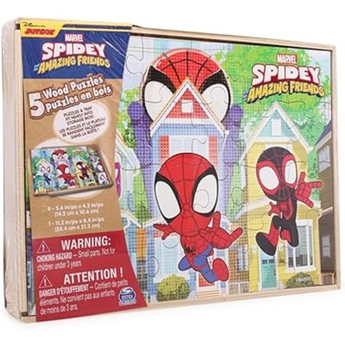 Disney Junior Marvel Spider-Man Spidey Amazing Friends - Set of 5 Wood Puzzles with Storage Box for Kids - Ages 4 and Up