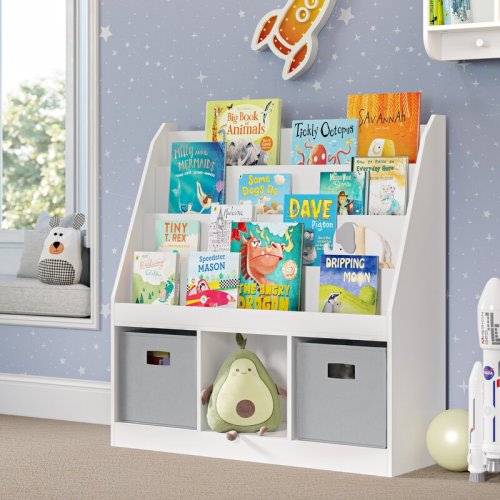 RiverRidge Home RiverRidge Kids Playroom Bookrack with 3 Toy Organizer Cubbies and 4 Book Shelves - White with 2 Fabric Bins & Reviews | Wayfair
