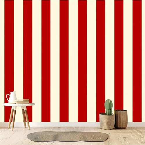 Wall Mural Peel and Stick Wallpaper Red White Vertical Striped Retro Circus Style 69'' x 96'' Removable Wall Sticker Prepasted Wallpaper Renter Friendly Decal for Kids Bedroom