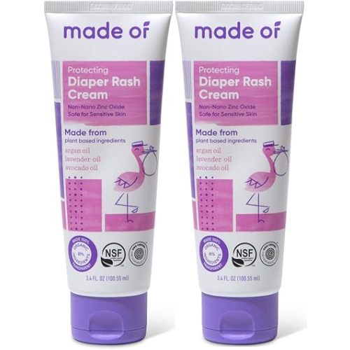 Organic Diaper Cream by MADE OF – NSF Organic Baby Diaper Cream with Avocado Oil and Argan Oil (Fragrance Free, 3.4oz) – Zinc Oxide Ointment and Butt Paste for Sensitive Skin (2-Pack)