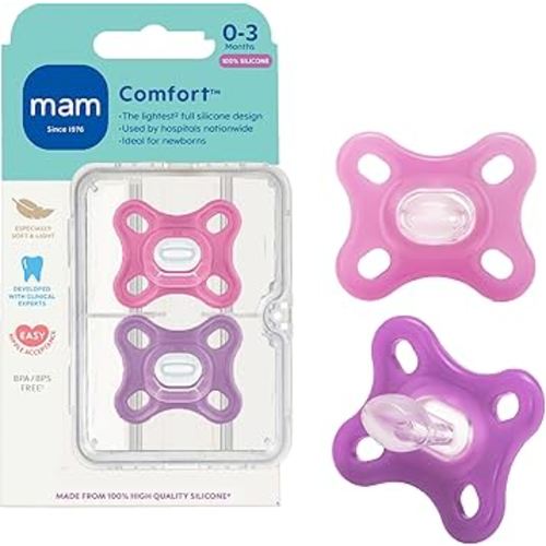 MAM Comfort Baby Pacifiers, Lightweight One-Piece Full Silicone Binky for Newborns 0-3 Months, BPA-Free Nipple, Easy to Clean Pacifier, Best for Breastfed Babies, with Sterilizer Case, 2 Count Binkies