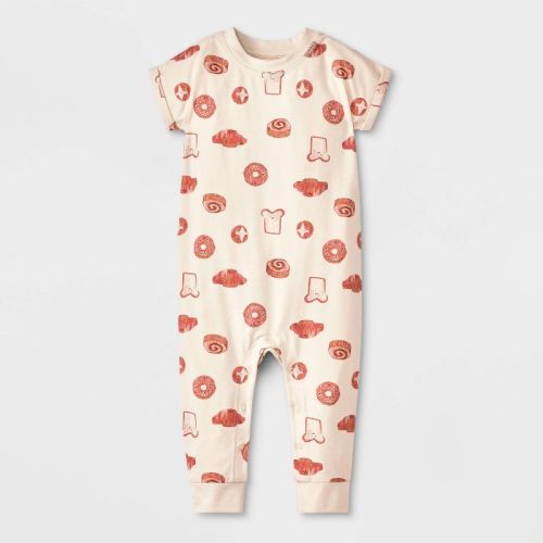 Baby Girls' Printed Pastry Romper - Cat & Jack™ Beige 0-3M: Cotton Blend, Long Sleeve, Crotch Snap, Lap Shoulder Design