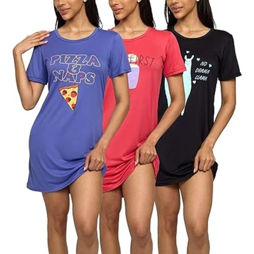 Real Essentials 3 Pack: Women's Printed Nightshirt Short Sleeve Ultra-Soft Nightgown Sleep Dress (Available In Plus Size)