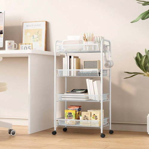4-Tier Rolling Cart, Metal Utility Cart With 3 Hooks, Easy Assemble Mobile Storage Trolley On Wheels, Metal Shelving Units Kitchen Bathroom Laundry Room Outdoor Decor, White
