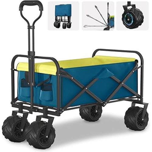 Collapsible Folding Wagon, Heavy Duty Foldable Wagon with 400lbs Weight Capacity, Beach Wagon with Big Wheels & 2 Cup Holders, Utility All-Terrain Wagon for Sand, Garden, Shopping Blue