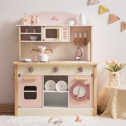 ROBOTIME Wooden Play Kitchen Set, Pretend Play Kitchen Set for Kids with Realistic Design, Kids & Toddlers Kitchen Playset with Dishwasher, Toy Kitchen Set for Boys and Girls Ages 3+ (Pink)
