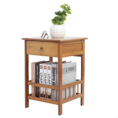 Artloge 2 Tier Bamboo Living Room Small End Side Bedside Table Tall Nightstand Bedroom Decor with Drawer & Bottom Shelf