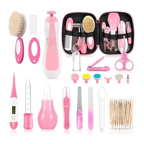 Infant Grooming Essentials: Electric Safety Nail Trimmer, Nasal Aspirator, Hair Brush, Comb, Nail Clipper (27 Piece Safety Care Set for Newborns - Pink)