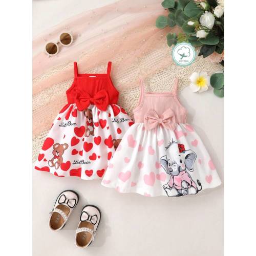 2pcs/Set Baby Girls' Soft & Comfortable Casual Elegant Sweet Cute Heart Elephant & Cartoon Bear Print Bow Strap Princess Dress, Baby Girl Clothing, Toddler Dress, Baby Summer Outfit, Suitable For Daily Life, Outdoor Activities, Vacation, Party And Photogr