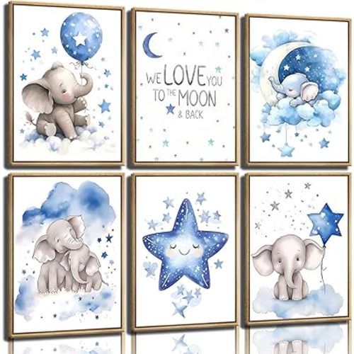 6Pcs Baby Boy Nursery Wall Art Blue Elephant Moon Paintings Pictures Balloon And Stars Poster Print Cute Animal Baby Nursery Wall Decor For Kids Room Bedroom, (8x10In Unframed)