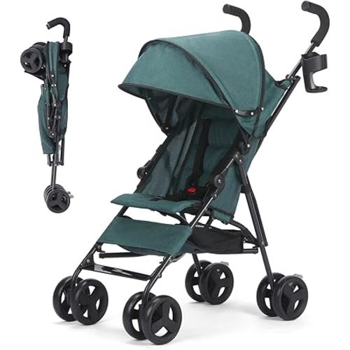 6-36M Baby Stroller, Umbrella Stroller with Foldable Pushchair with Adjustable Canopy, Folding Infant Newborn Pram Stroller with Storage Basket, Cup Holder, Suspension Wheels for Infants (Dark Green)