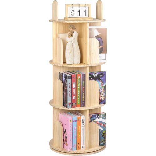 Kryonix 3 Tier Kids Rotating Bookshelf, Spinning Solid Pine Wood Bookcase