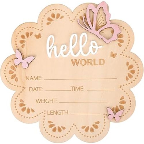 Hello World Newborn Announcement Sign, Butterfly Wooden Newborn Sign Personalized Baby Name Plaque Birth Announcement Board for Photo Props Baby Shower Hospital Nursery Decor