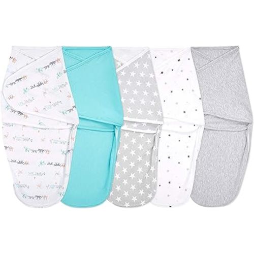 aden + anais Essentials Easy Swaddle Wrap Quick Change with Bottom Zipper, Snug Cotton Knit Baby Wrap Swaddle Blanket for Newborns, TOG 1.0, 5 Pack, Starlit, 0-3 Months, Small/Medium