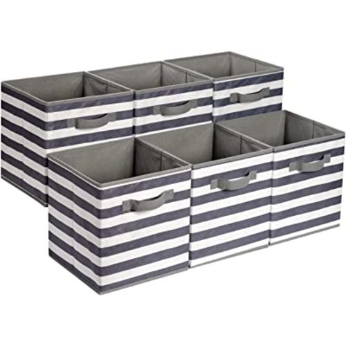 Amazon Basics Collapsible Fabric Storage Cube Organizer with Handles, 10.5 x 10.5 x 11 Inch, White/ Light Grey Stripe - Pack of 6