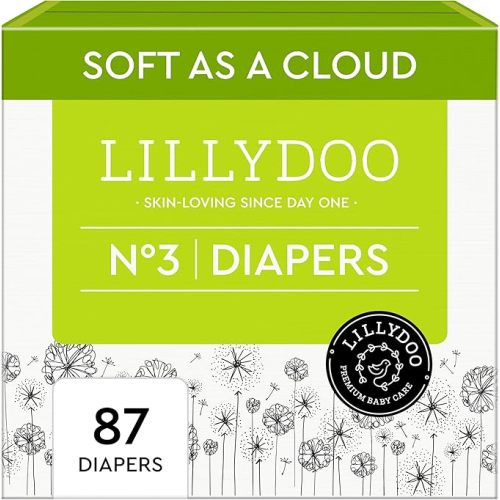 LILLYDOO Disposable Baby Diapers, Size 3 (13+ lbs), 87 Count, Absorbent Leak Protection, Ultra Soft, Sensitive Skin, Hypoallergenic, Fragrance-Free, Dermatologist Tested