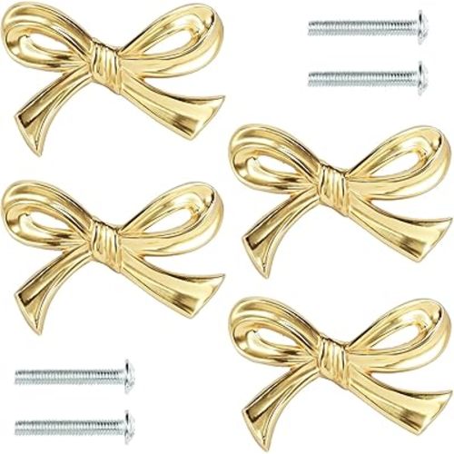 4 Pcs Bow Cabinet Knobs Gold Drawer Pulls Decorative Brass Bow Shape Cabinets Handle Vintage Bow Dresser Knobs, Cabinet Hardware Cupboard Dresser Wardrobe and Drawer Pulls (4PCS)