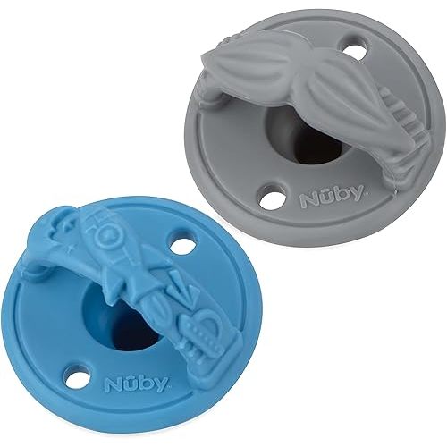 Nuby 3-D Sili Soother Pacifiers with Soft Handle and Two Safety Air Holes, 2 Pack, 0+ Months, Blue Spaceship and Gray Mustache