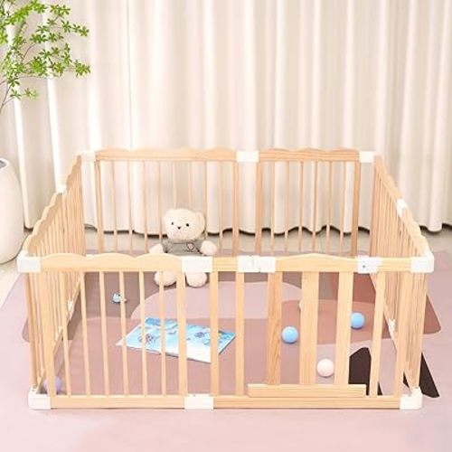 Wooden Playpen & Wooden Playard for Babies and Toddlers,Wooden Large Shape & Size Adjustable Baby Fence,Corrales para Bebes and Baby Activity Centers with Locking Gate,(67x67x24Inches)