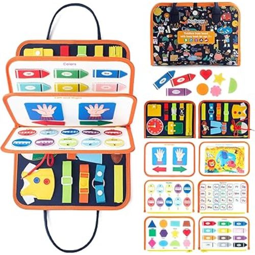 Freebear Busy Board Toddler Travel Sensory Toys for 1 2 3 4, Montessori Learning Activities Board, Educational Toys for 3 4 Year Old Boys Girls Gift, Classic