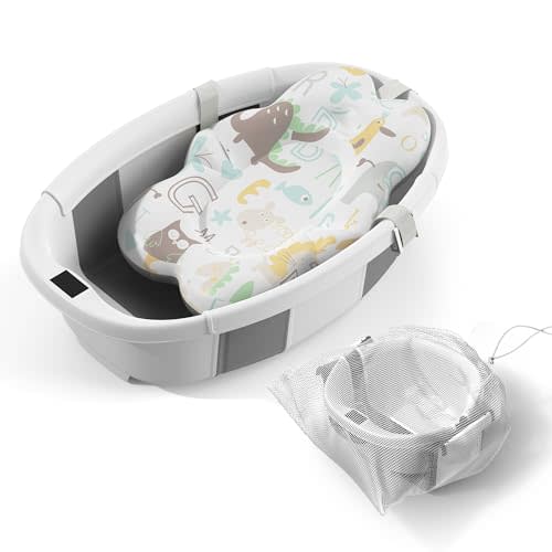 TOSGN Collapsible Baby Bathtub, 3s to Install, Baby Bath Tub with Soft Cushion & Thermometer, 0-36 Months Newborn Bathtub, Portable Travel Baby Tub, Grey