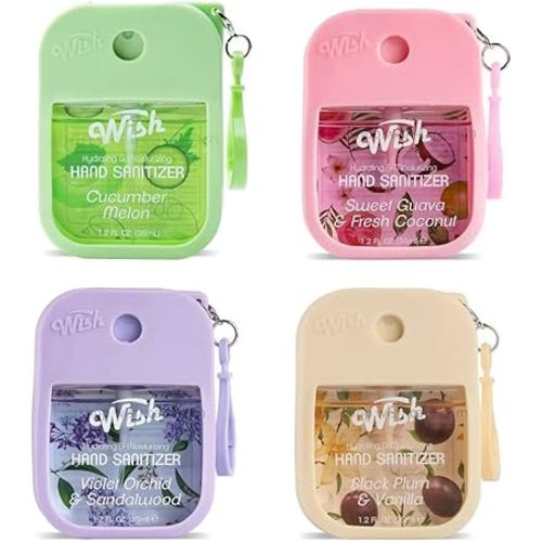 Wish Hand Sanitizer Spary Travel Size Spray 4-Piece 1.2 FL OZ (35ML) Each, Black Plum vanilla, Violet orchid sandalwood, Sweet Guava Fresh Coconut, Cucumber Melon, Hydrating and Moisturizing,(4 pack)