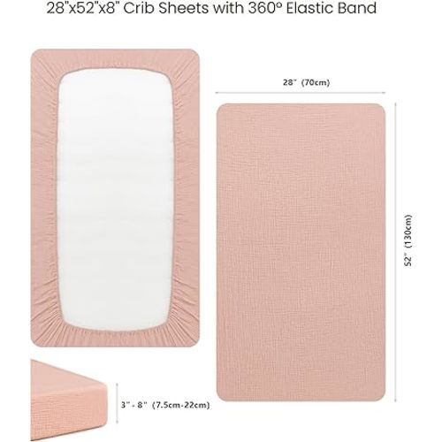 Konssy Muslin Fitted Crib Sheets 100% Cotton Baby Crib Sheets for Standard Crib Mattress (28 X 52 Inches), Soft and Breathable for Boys, Girls (Pink)