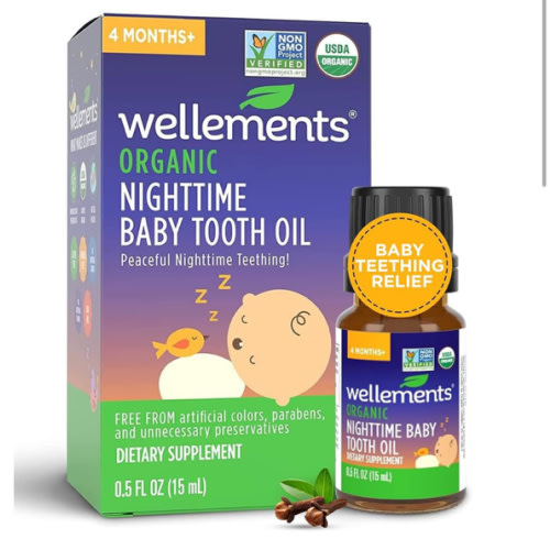 Wellements Organic Nighttime Baby Tooth Oil for 4 Months+ (0.5 Fl Oz) - Baby Teething Relief Oil* for Soothing & Massage for Tiny Gums* - Organic Blend of Essential Oils & Sleepy Time Herbs*