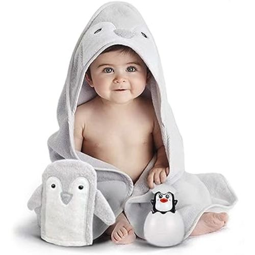 Happy & Sweet Baby Gift Set - Bamboo Viscose Hooded Penguin Bath Towel, Mitt Washcloth, and Squirt Bath Toy for Boys and Girls - Gray - Bonus eBook Included