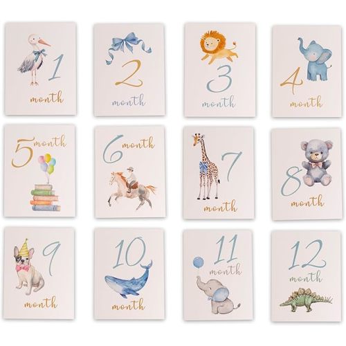 GIOGUK Baby Monthly Milestone Cards - Watercolor Animals Design, 1-12 Months Growth Record Cards for First Year, Newborn Photography, First Birthday/Baby Shower/Anniversary Party Decorations Supplies