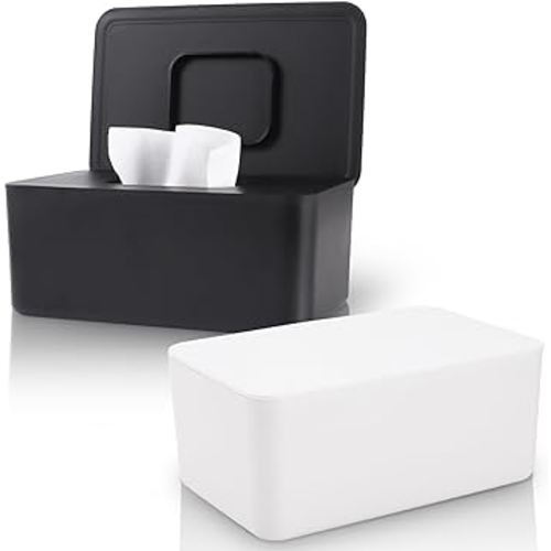 2 Pack LEQXGO Baby Wipes Dispenser, Wipes Dispenser Baby Wipes Case, Baby Wipe Holder for Fresh Wipes, Non-Slip Wipes Case, Wipe Container with Sealing Design Lid (Black and White)