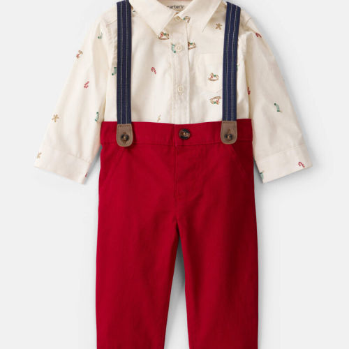 Red/White Baby Boy 3-Piece Holiday Print Cotton Long-Sleeve Shirt & Suspender Pant Set - Red/White | Carter’s Oshkosh Canada