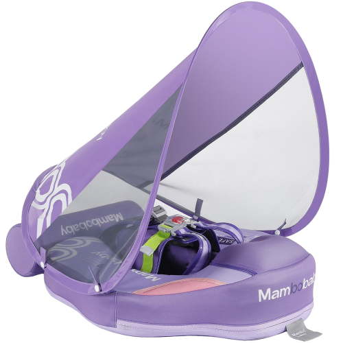 Mambobaby Float with Canopy UPF 50+ Sun Protection Pearl Foam Non-inflatable Solid Baby Pool Float with Tail Mambo Float Swim Trainer Skin-friendly Infant Swimming Ring