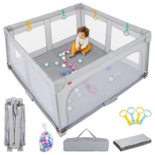 INFANS Foldable Baby Playpen with Mat, 59” x 59” Large Baby Play Yard for Infant with 50 Ocean Balls, 4 Handlers, Carry Bag, Indoor Outdoor Fence Toddler Activity Center (Gray, 59” x 59”)